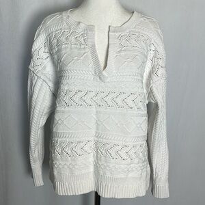 Sundance Cable Knit V Neck Sweater Size LP White Cropped Nautical Fisherman EUC